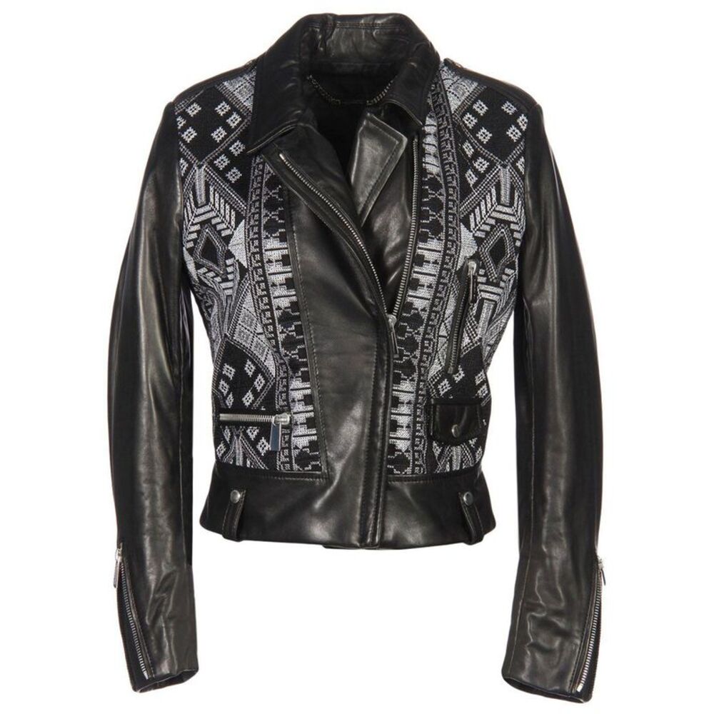 Barbara Bui Womens Jacquard Lambskin Leather Moto Jacket Small FR 38 Black - NWT